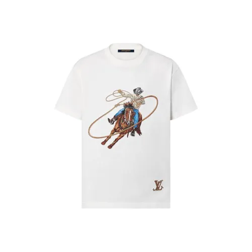 LOUIS VUITTON Деним Логотип Узор Вышивка Круглый вырез Короткий рукав Т-рубашка Т-рубашка Мужская Белая