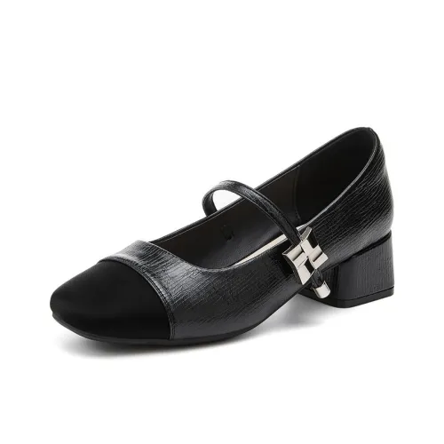 JOSINY Французский Низкий вырез Обувь без подкладки Slip On Высокие каблуки Грубый каблук Туфли Мэри Джейн Высота каблука 4 см Женские Черный