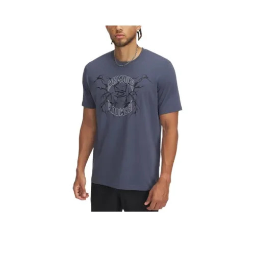 Under Armour Thunder Логотип Футболка Мужская Deluge Серый Midnight Морской Синий Светоотражающий