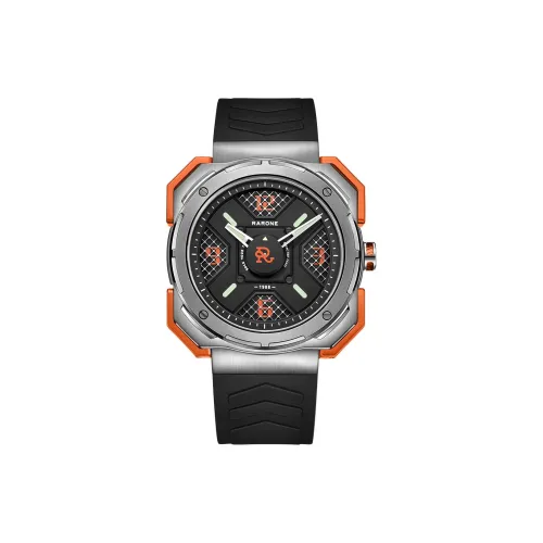 RARONE Play Tide Rocky Orange Mecha Ручной работы Кварцевый механизм Силиконовый ремешок Часы Мужские часы Черный циферблат