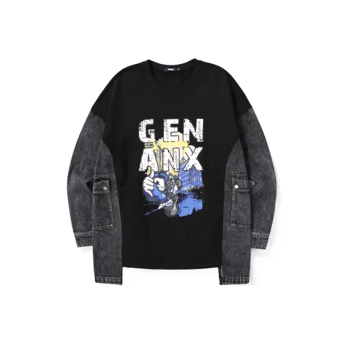 GENANX Круглый вырез Свободный крой Mock Двухкомпонентный свитшот Унисекс Черный