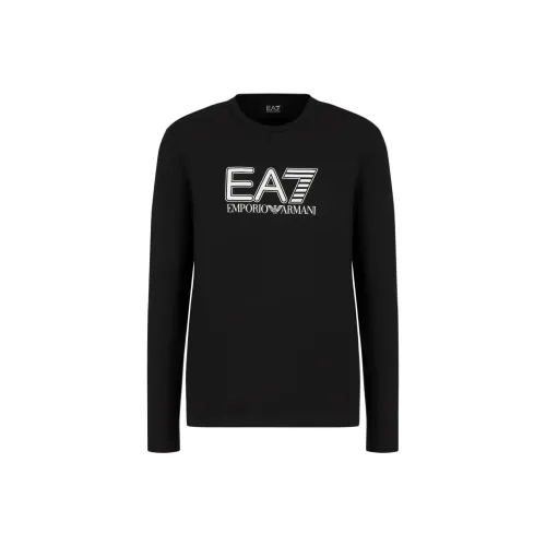 EMPORIO ARMANI EA7 Letter Logo С принтом Круглый вырез Облегающий крой Длинный рукав Т-рубашка Мужская Черная