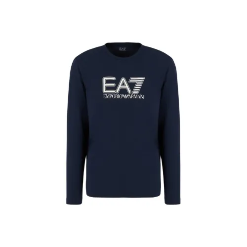 EMPORIO ARMANI EA7 Letter Logo С принтом Круглый вырез Облегающий крой Длинный рукав Т-рубашка Мужская Темно-синий