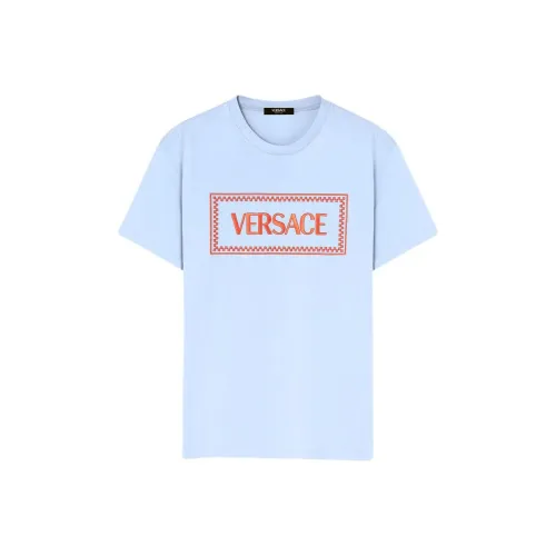 VERSACE Logo Letter Вышитый Круглый вырез Короткий рукав Т-рубашка Т-рубашка Мужская Синяя