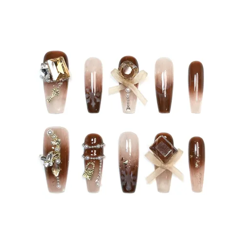Rui Jin Бабочка Стиль Майярд False Nail MID Длина Коричневый Смужка Стразы Украшенный 26 мм