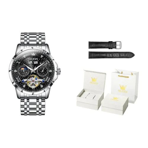 OLEVS Автоматический Механический Механизм Нержавеющая Сталь Ремешок Часы Мужские Черный Циферблат