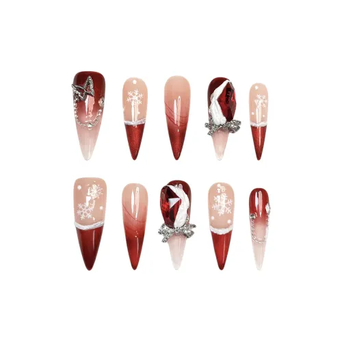 Rui Jin Осветляющий Премиум Стиль Coquette False Nail MID Длина Красный Градиентный Кошачий глаз 26 мм