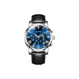 Серебряный корпус, синий циферблат, черный ремешок