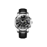 Серебряный корпус с черным циферблатом, черный ремешок.