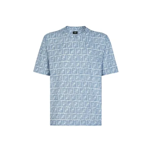 FENDI Логотип Полный принт Круглый вырез Свободный крой Короткий рукав Т-рубашка Мужская Синяя