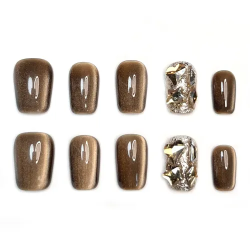 Rui Jin SUIJIN Осветляющий Мягкий Девушка Nail Art Искусственный Ногтевой Короткий Коричневый Однотонный Стразы Украшенный 16мм