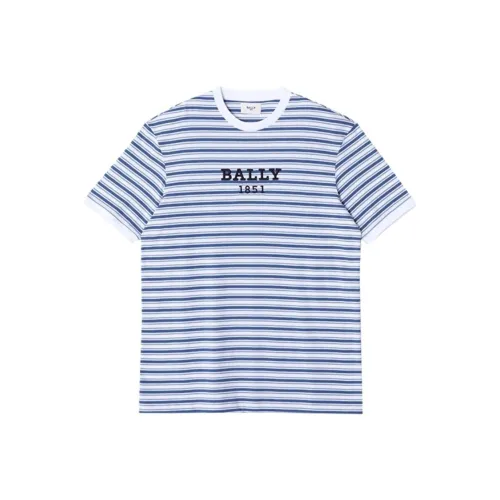 BALLY Логотип Алфавитно-цифровой Полосы Принт Повседневный Круглый вырез Короткий рукав Т-рубашка Т-рубашка Мужская Синий