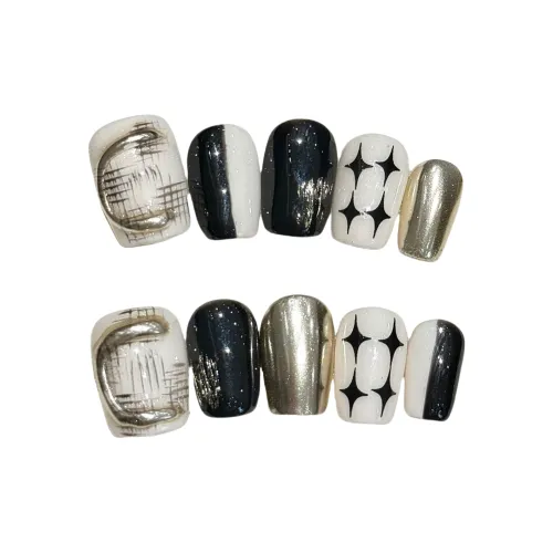 Gentle Welcome Starry Sky Star PURE Handcrafted False Nail Short LADDER Black White Jump Color Instagram Style