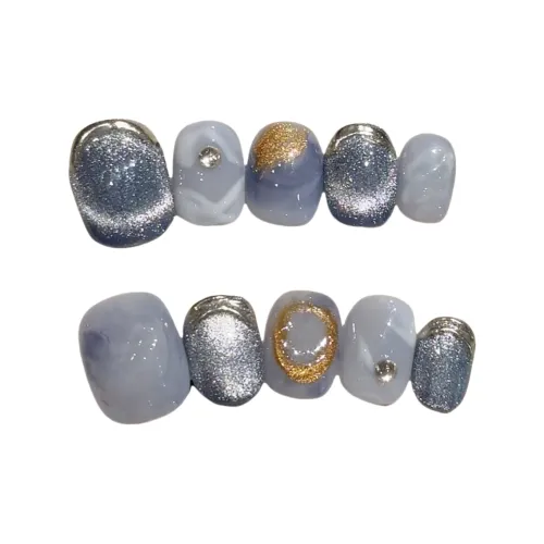 Gentle Welcome Японский Премиум Драгоценный камень False Nail Короткий Круглый Синий Смоки Блестки