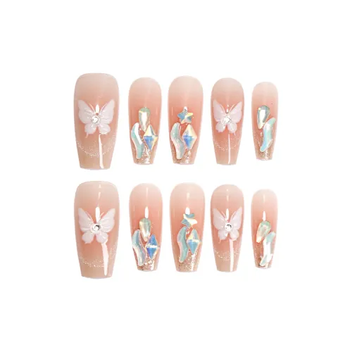 Gentle Welcome Butterfly Aurora Diamond False Nail Medium LADDER Orange Solid Color Coquette