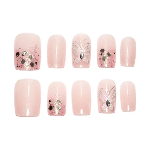 Gentle Welcome Butterfly False Nail Short LADDER Pink Solid Color Instagram Style