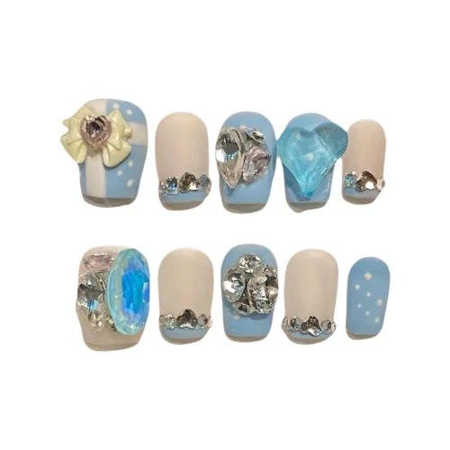 Gentle Welcome Элегантность Pure Desire Full Ромб Бант False Nail Короткий LADDER Ледяная прозрачность Синий Smudge Французский