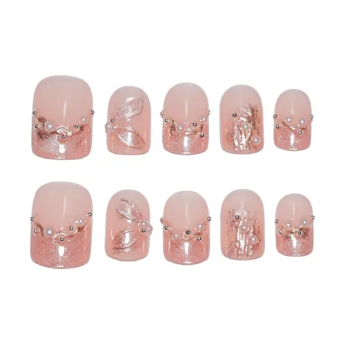Gentle Welcome Pearl Сверкающий страз Gilded Ribbon False Nail Short Square And Round Pink Nude Coquette