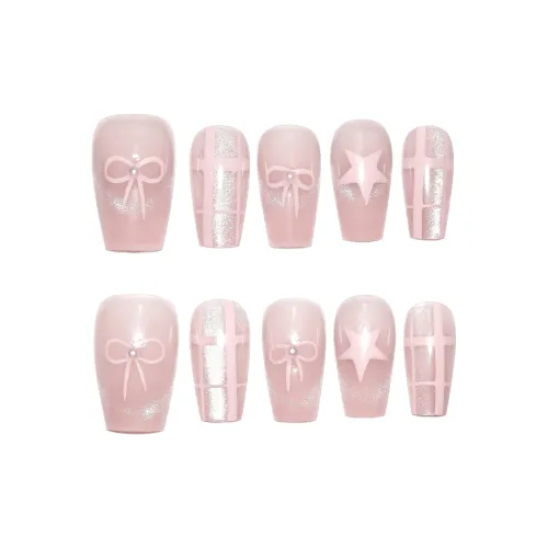 Gentle Welcome Фея Кошачий глаз Бант Звезды False Nail Короткий LADDER Розовый Однотонный Милый