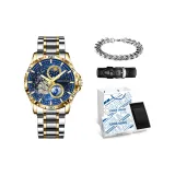 Синий циферблат, золото, стальной браслет [модная коробка + ремень из натуральной кожи + кубинский браслет].