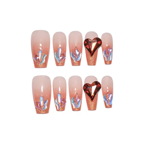 Gentle Welcome Aurora Diamond Heart False Nail Medium LADDER Glitter Gradient Rhinestone Embellished