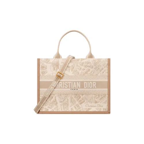 DIOR BookTote Хлопок Тоут Сумка Сумка для покупок Сумка на плечо Сумка среднего размера Женская Бежевая
