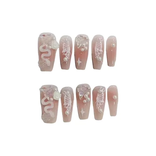 Gentle Welcome Розовый Snake Butterfly Cute 3D-эффект Camellia False Nail Средний LADDER Розовый Телесный