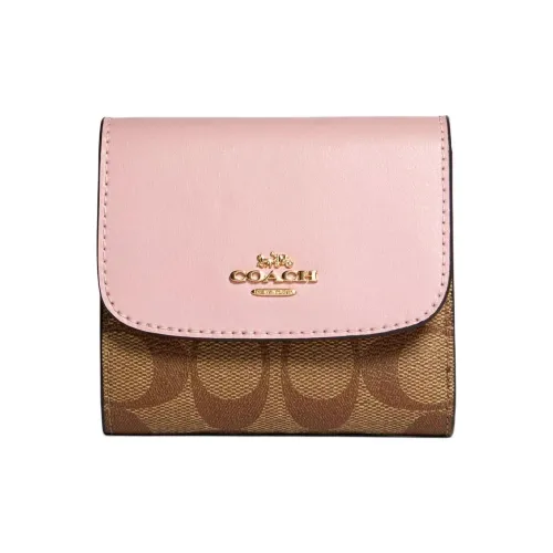 COACH Покрытый холст Кошелек Маленький Женский Розовый и Коричневый
