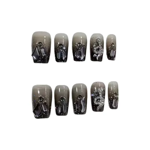 Gentle Welcome Black Snake Эльф False Nail Короткий LADDER Черный градиент Rhinestone Embellished