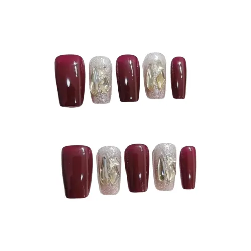 Gentle Welcome Бордовый Full Rhinestone Sparkling False Nail Short LADDER Red Jump Color Rhinestone Embellished