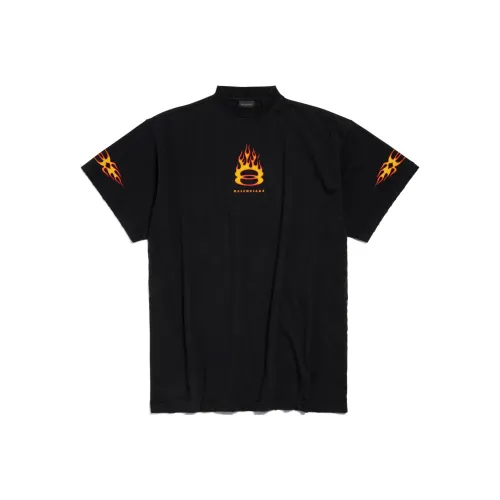 Balenciaga Двойное кольцо пламя логотип круглый вырез повседневный короткий рукав футболка свободный крой унисекс черный