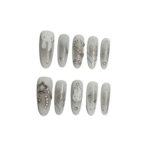 XIBI Горячая девушка Ручной работы Кролик Стразы Фальшивая ногтевая пластина Миндаль Серый Белый Размытый Стразы Украшенный