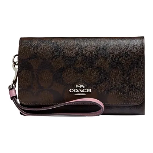 COACH Canvas с кожаными вставками клатч кошелек чехол для телефона клатч маленький женский коричневый и розовый