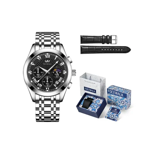 FOCEWALK Trendy Play Collection Кварцевый механизм Нержавеющий стальной ремешок Часы Мужские Черный циферблат