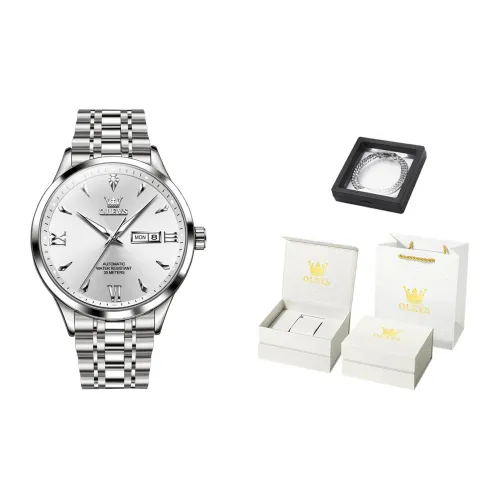 OLEVS Механический механизм ремешок из нержавеющей стали мужские часы белый циферблат