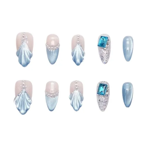 XIBI Сверкающий страз Кошачий глаз False Nail Миндаль MID Длина Синий Jump Цвет Стразы Embellished