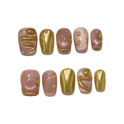XIBI Золотая Змея Удача 3D Золотая Змея False Nail Короткий Круглый Розовый Однотонный Сияние