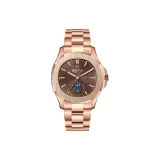 Коричневый циферблат, розовый ремешок.