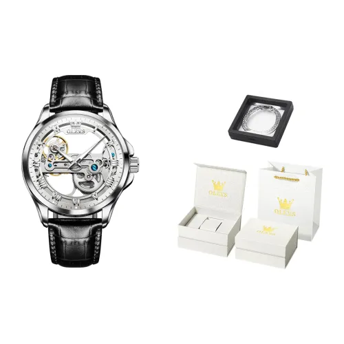 OLEVS Механические часы с кожаным ремешком белый циферблат мужские часы