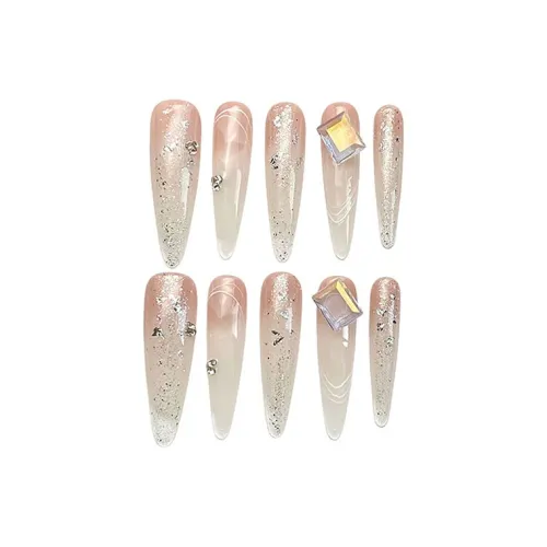 XIBI HAND DRAWN Линия Сверкающий страз Серебряный Фольга False Nail Tapered Длинный Розовый Градиентный