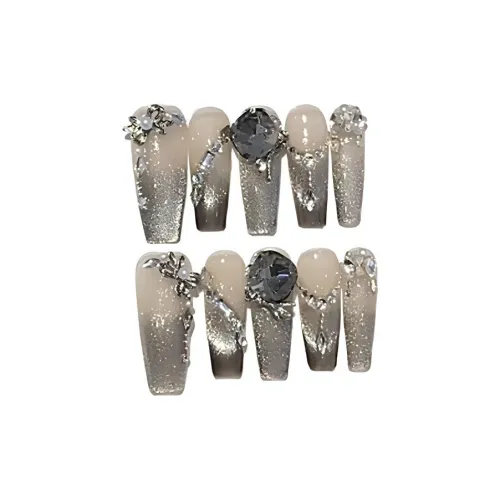 XIBI Luxury Premium Square Diamond Sparkling Side Light Cat Eye Peach False Nail Patch Long Shimmer