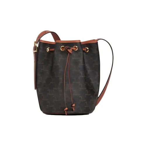 CELINE Triomphe Холст Телячья кожа Сумка из холста ведрообразная сумка сумка через плечо сумка через плечо маленькая женская рыжевато-коричневый