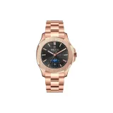 Чёрный циферблат, розовый ремешок.