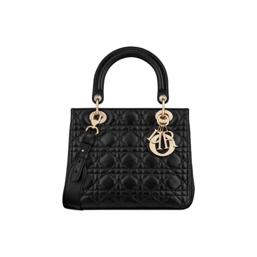 DIOR Lady Dior Sheepskin One Shoulder Bag Medium Women's Black