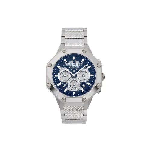 VERSUS Мужские часы Кварцевый механизм Ремешок из нержавеющей стали 45 мм Синий циферблат