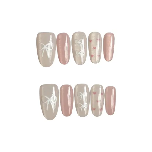 Gentle Welcome Cheese Jelly Berry Bowknot False Nail Short Round Pink Smudge Cute