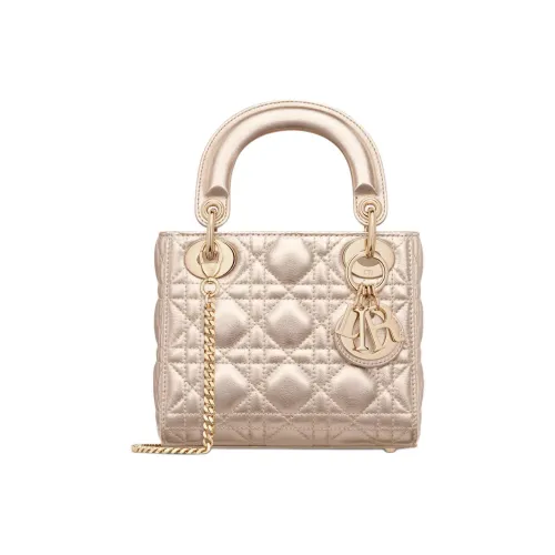 DIOR Lady Dior Телячья кожа Одно плечо Сумка Мини Женская Светло-золотая
