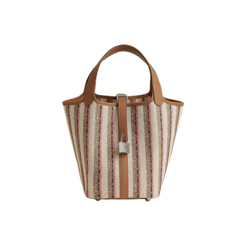 HERMES Picotin Lock Couverture Lignes Вышивка Корзинка-сумка Сумка Женская Бежевая и Коричневая