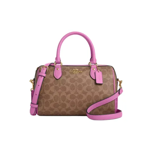 COACH Rowan Подпись Покрытый холст Бостон Сумка через плечо Сумка Сумка среднего размера Женская Розовая и Коричневая