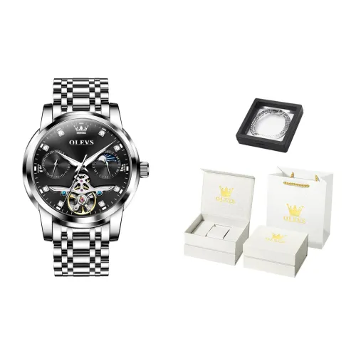 OLEVS Механический механизм ремешок из нержавеющей стали черный циферблат мужские часы